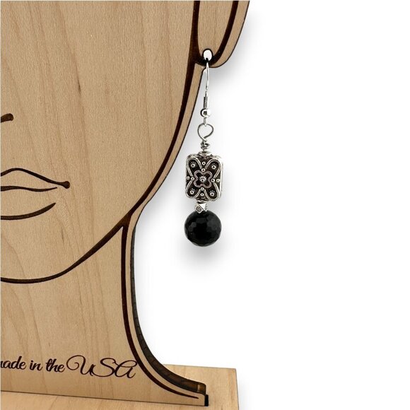 Faceted Black Onyx Earrings 925 Sterling Silver French Hooks - Picture 3 of 13